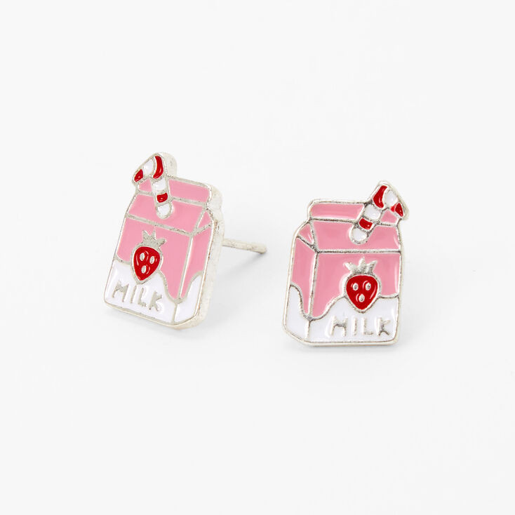 Silver Strawberry Milk Carton Stud Earrings - Pink | Claire's (US)