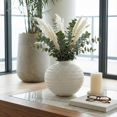 Modern Chiseled Round Pottery Flower Vase with Ecomix Accent for Home Decor - Tall Table Table Vase for Living Room or Kitchen Display - 11", White | Target