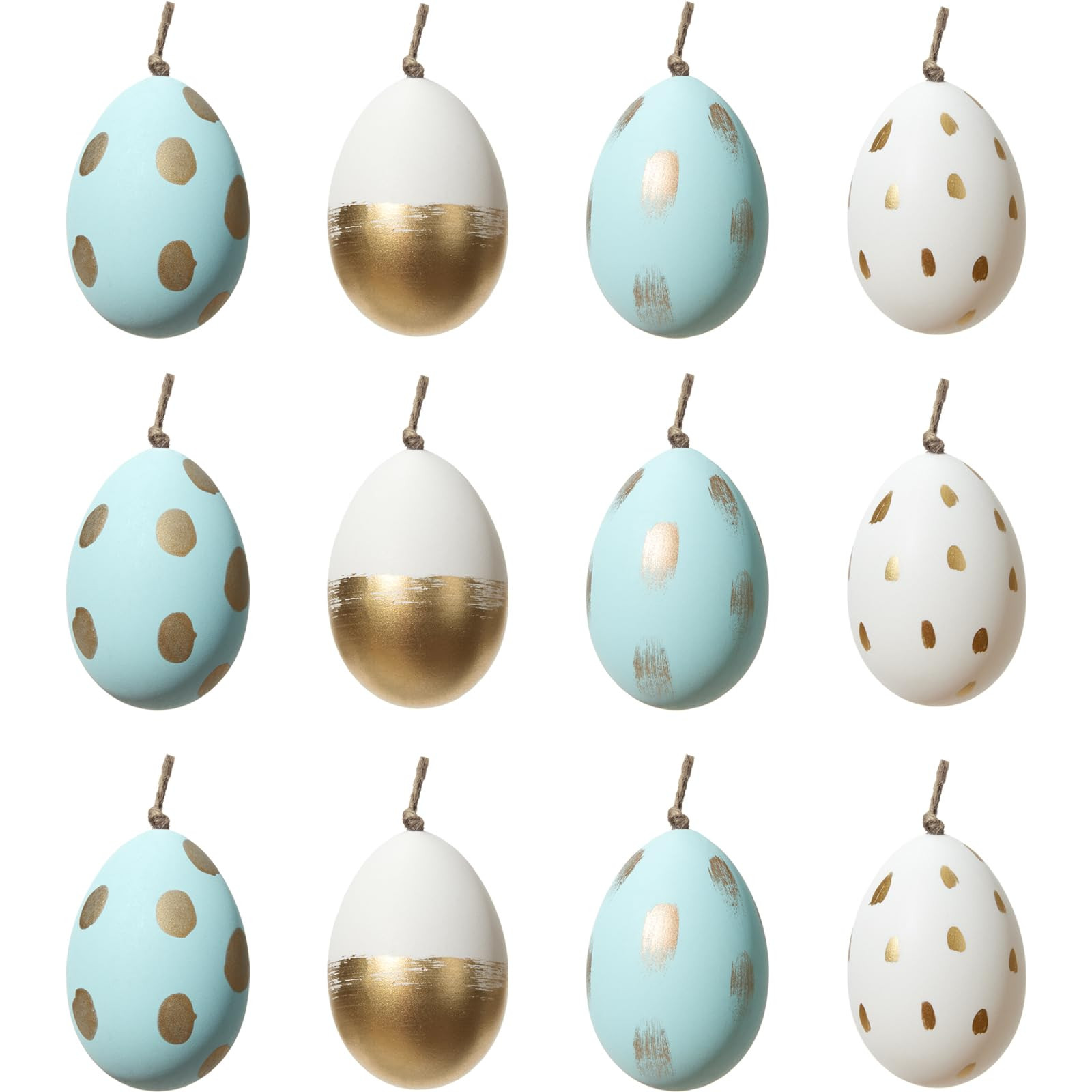 DN DECONATION 12-Piece Easter Egg Hanging Ornaments Set, White & Light Blue Plastic Eggs with Gol... | Amazon (US)