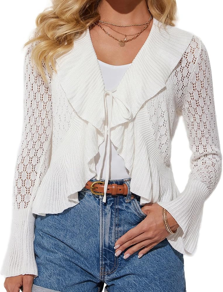 GRACE KARIN Women Hollow Out Cardigan Sweater Lapel Tie Front Crochet Knit Shrugs Long Bell Sleev... | Amazon (US)