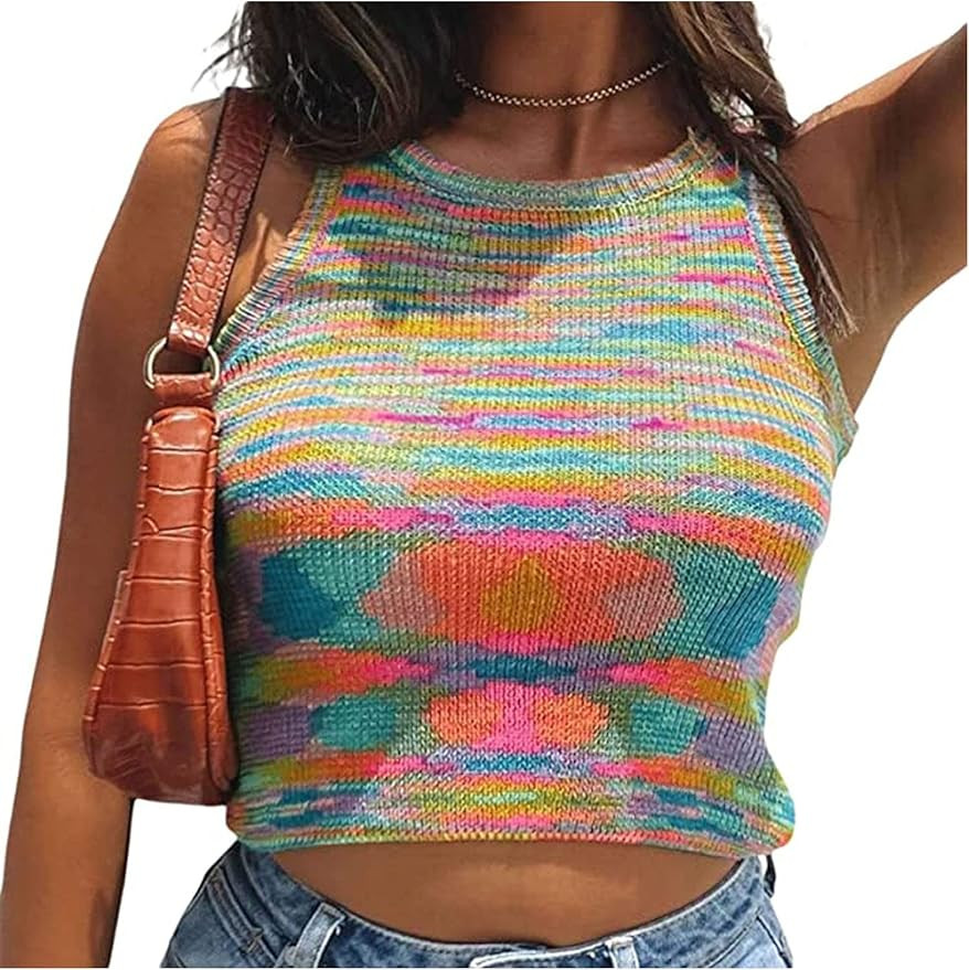 Women Summer Camisole Vest Top Ribbed Knit Tie Dye Tank Top Crew Neck Sleeveless Crop Top | Amazon (US)