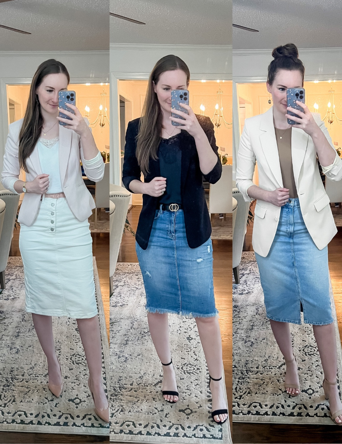 Blush blazer: XS
White top: XS
White Skirt: 4

Black blazer: XS
Top: XS
Skirt: medium, you can get it from Slaydon & Rose, PKC Collection Or The Skirt Lady Boutique 

Cream blazer: XS
Camel Bodysuit: small 
Light wash skirt: medium, from Zara

Blazer with skirt, blazer with denim skirt outfit, business casual 

#LTKunder50 #LTKSeasonal #LTKworkwear
