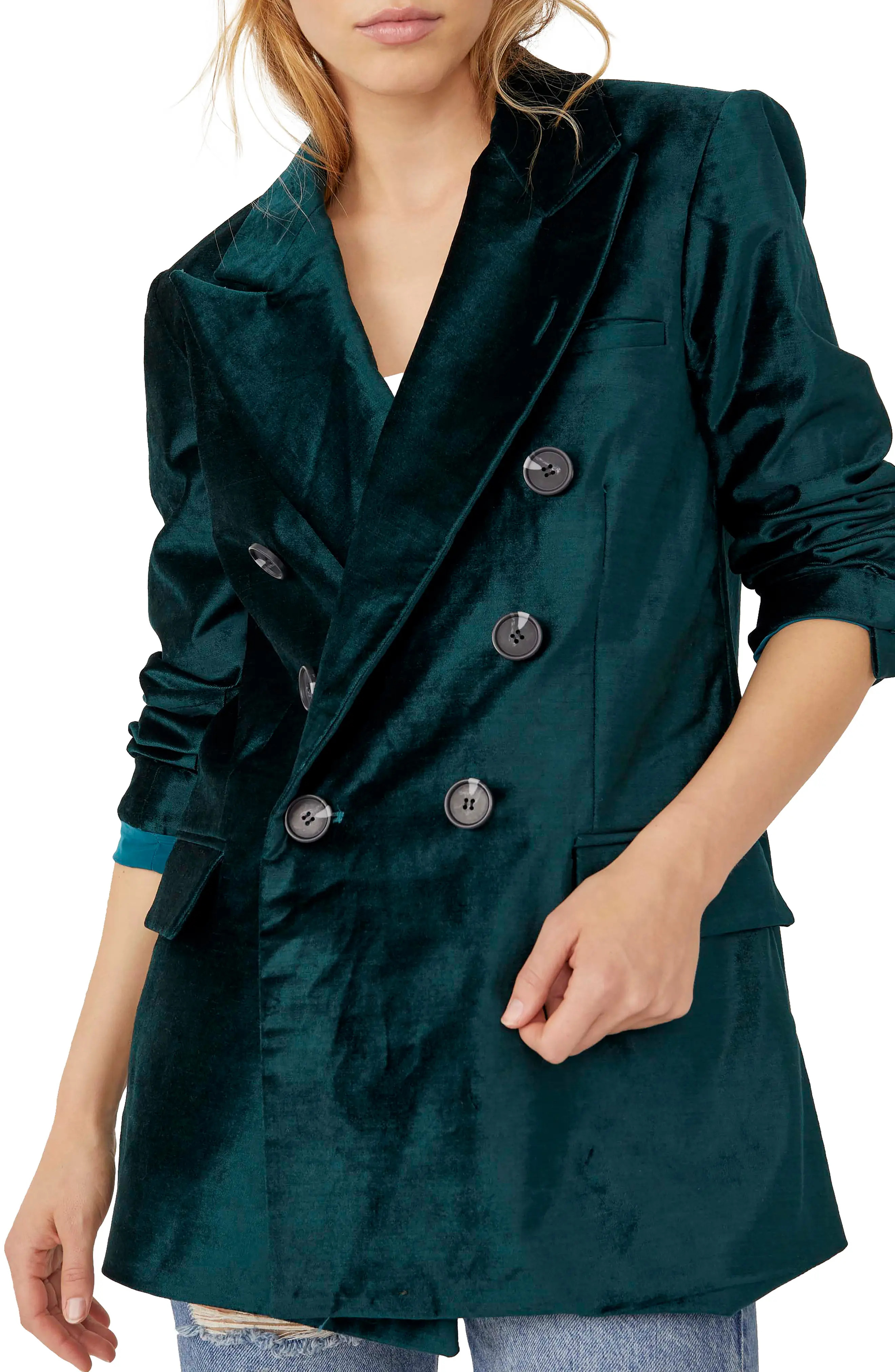 Free People Ashby Double Breasted Velvet Blazer in Jade at Nordstrom, Size X-Small | Nordstrom
