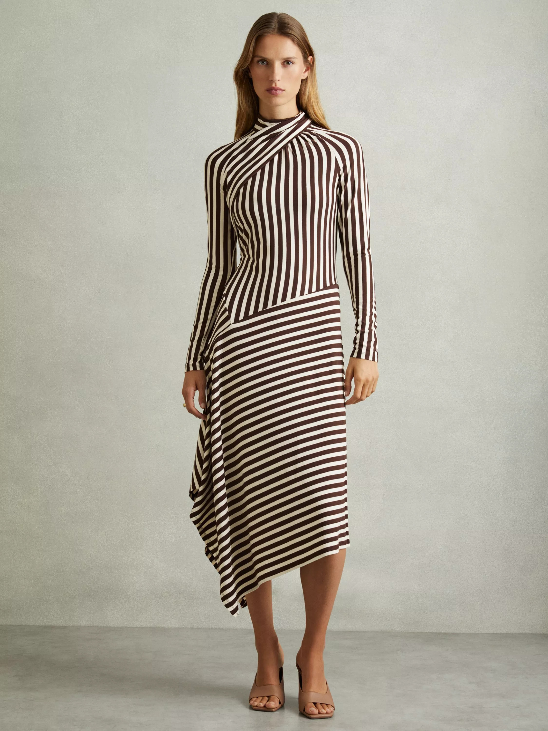 ReissCat Jersey Stripe Midi Dress, Brown/Cream | John Lewis (UK)