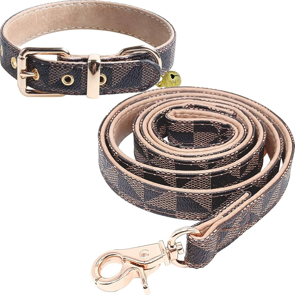Dog Leather Collar and 4 ft Leash, KUDES Adjustable Basic Collar with Bell Checkered Pattern Dura... | Amazon (US)