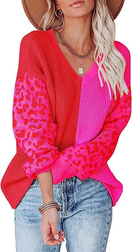 ANCAPELION Women’s V Neck Sweater Pullover Leopard Long Sleeve Basic Color Block Jumper Casual ... | Amazon (US)