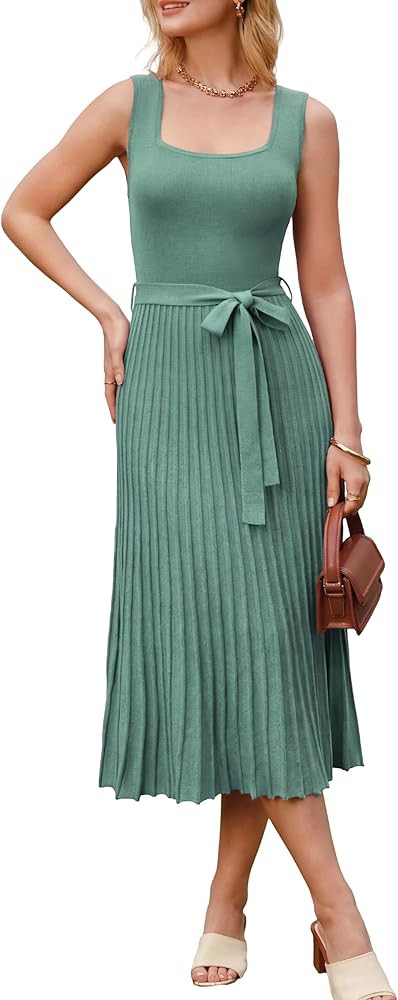 Arach&Cloz Women's Wool Blend Square Neck Tie Waist Pleated Summer Sweater Dress 2026 | Amazon (US)