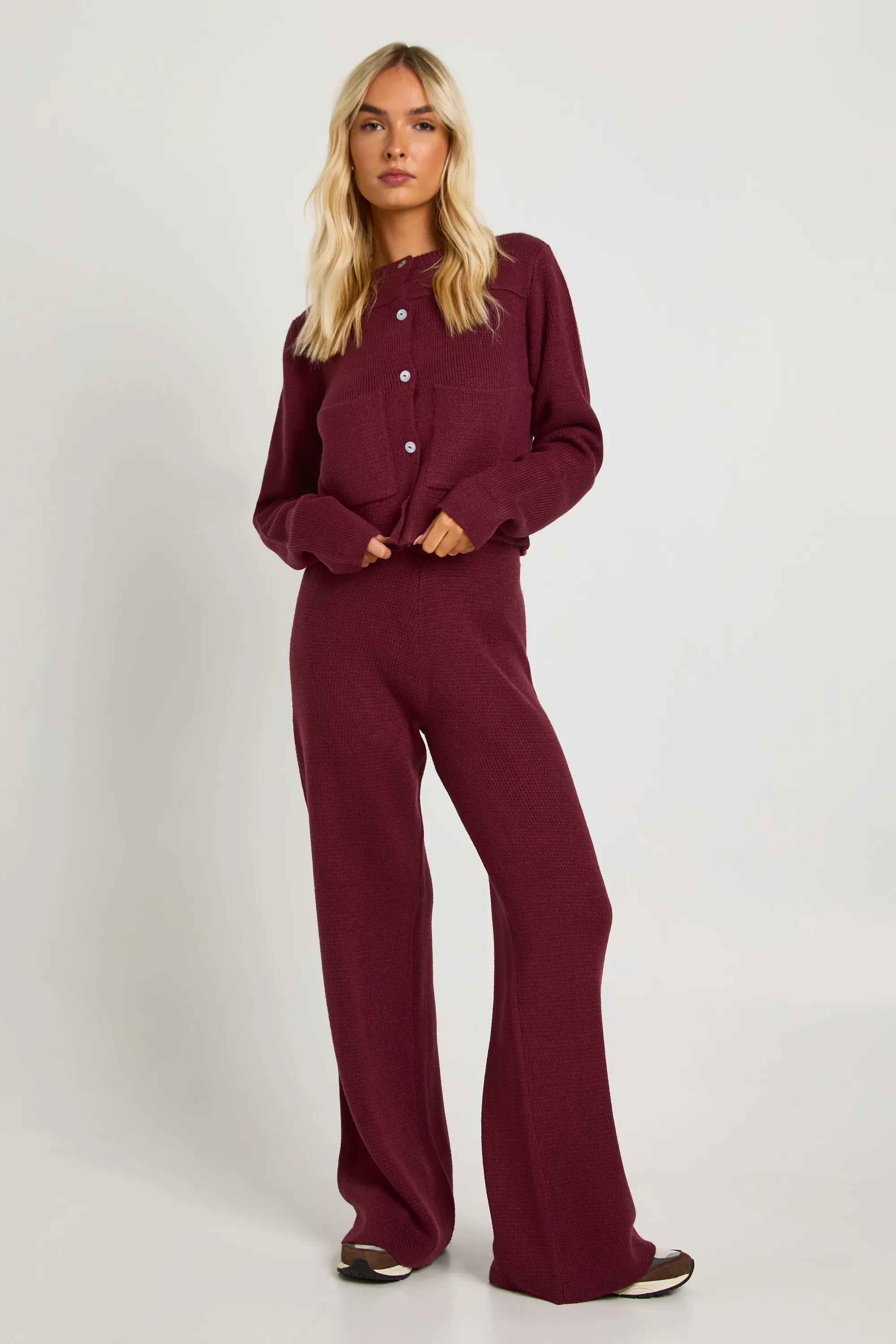 Pocket Detail Crew Neck Knitted Cardigan and Wide Leg Trouser | boohoo (US & Canada)