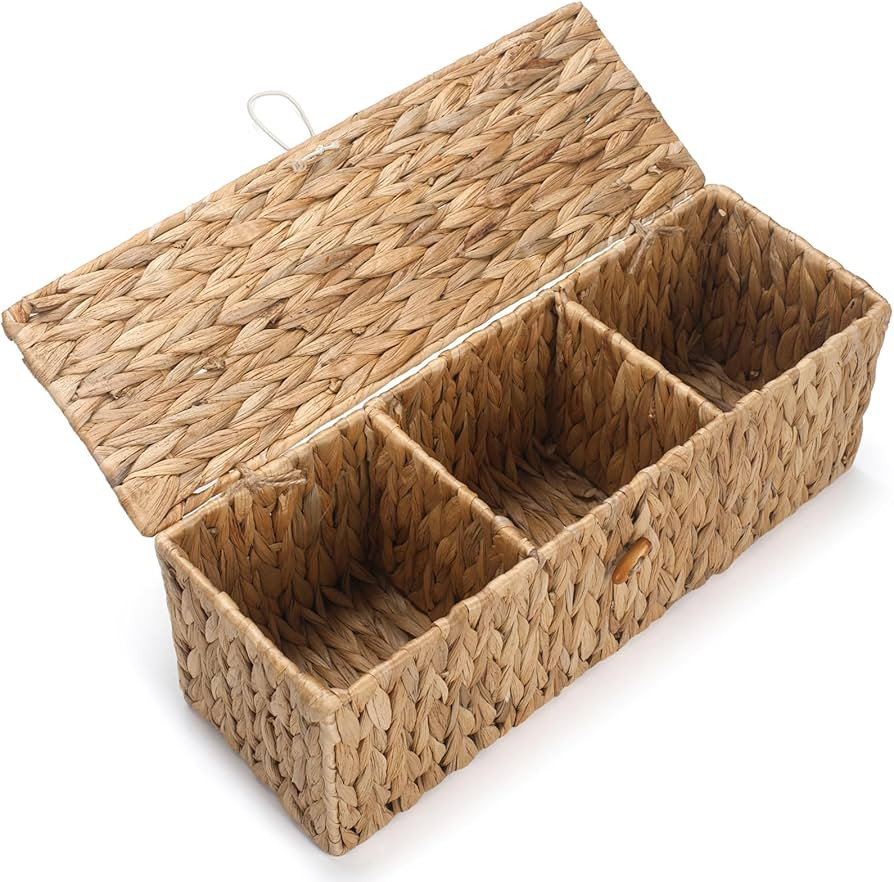 Wicker Bathroom Basket with Lid, Water Hyacinth Toilet Tank Basket with 3 Compartments, Woven Sto... | Amazon (US)