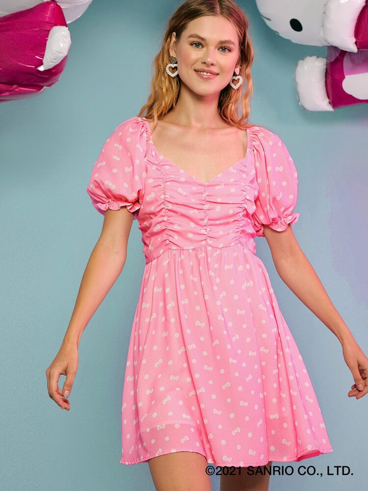 SHEIN X Hello Kitty and Friends Bow and Polka Dot Print Puff Sleeve Ruched Dress | SHEIN
