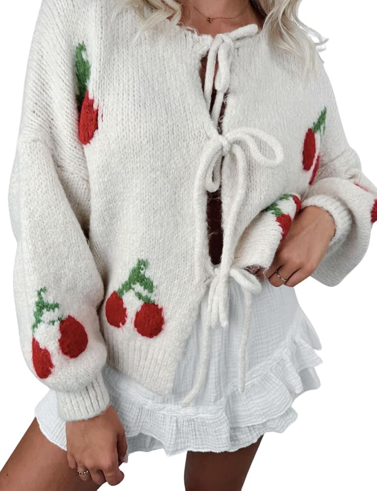 FindThy Women’s Tie Front Cardigan Sweater Cute Long Sleeve Crew Neck Bow Knot Knit Outwear | Amazon (US)