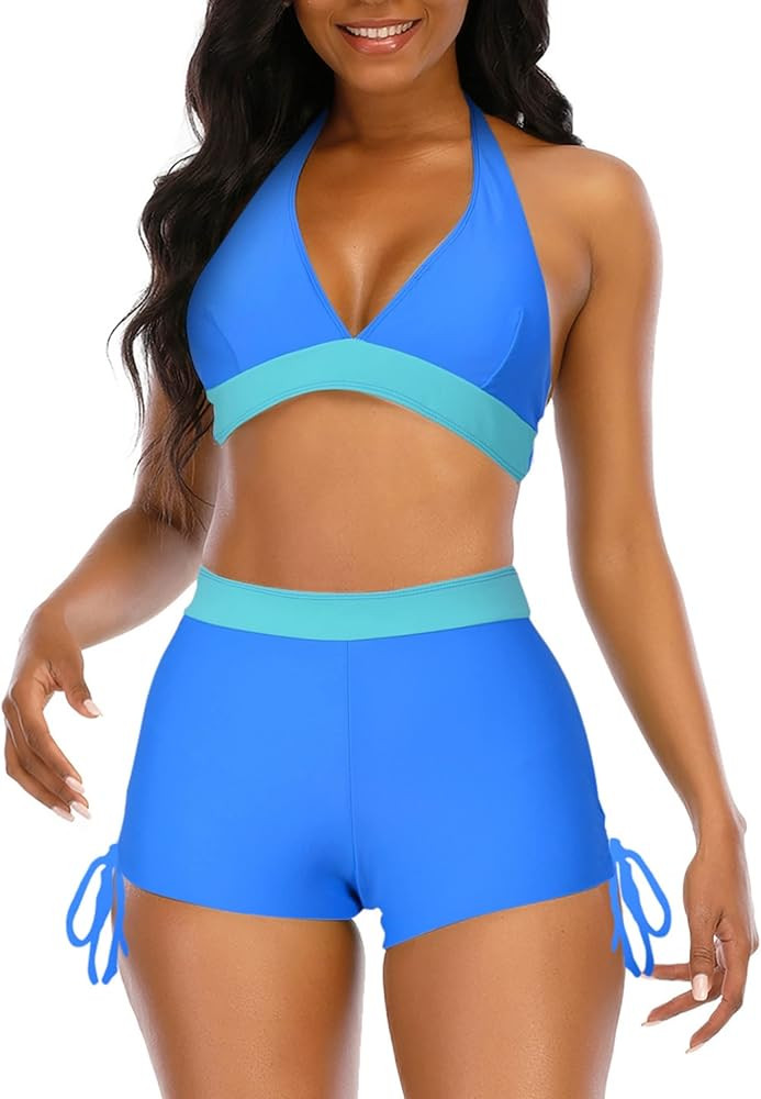 Womens High Waisted Swimsuits with Boy Shorts Brazilian Triangle Top Stripes Halter Bikini Two Pi... | Amazon (US)