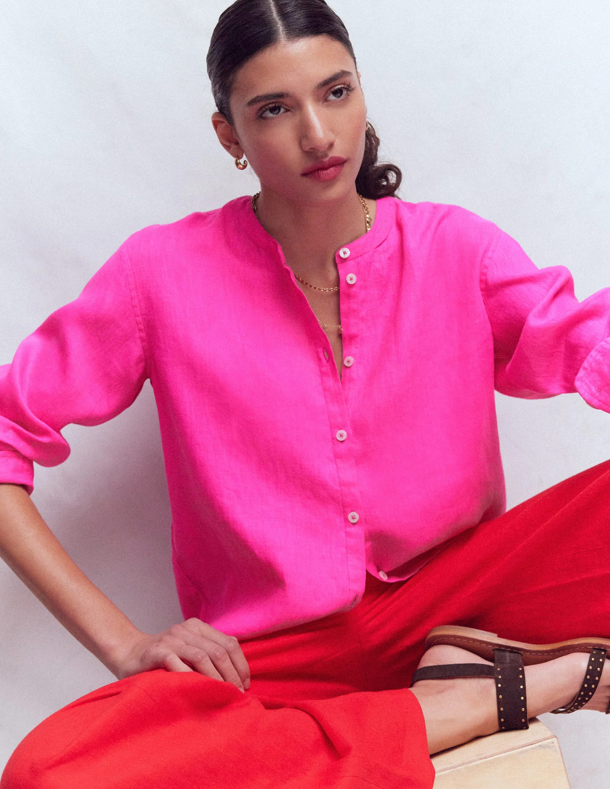 Longline Linen Shirt-Pop Pansy | Boden (US)