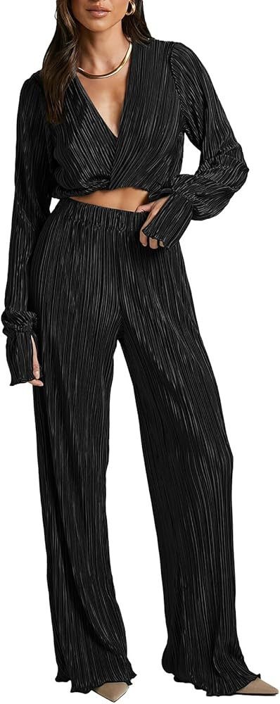 Pink Queen 2 Piece Outfits for Women Long Sleeve V Neck Cropped Shirt and Wide Leg Pants Sets Coc... | Amazon (US)