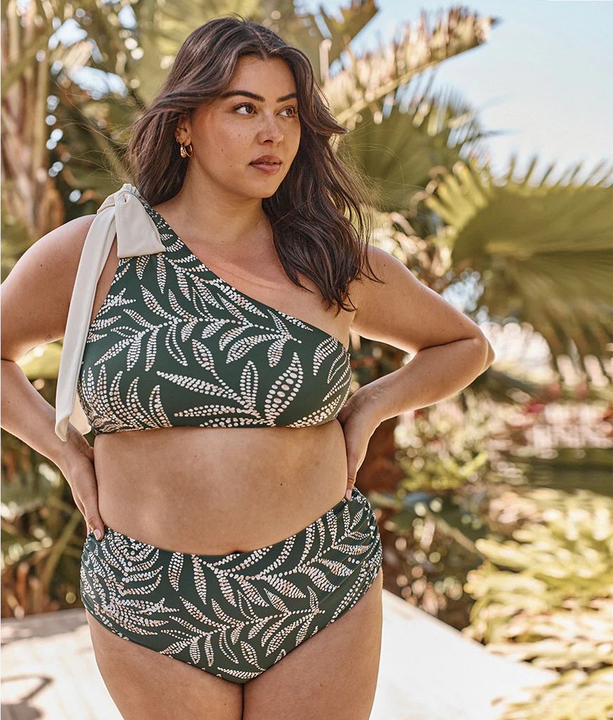 The Bow-Shoulder Ruched Sidestroke Bikini Top - Dotted Palms in Olive & White Sand | SummerSalt