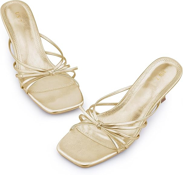 Allegra K Women's Square Toe Strappy Slip on Kitten Heel Sandals | Amazon (US)