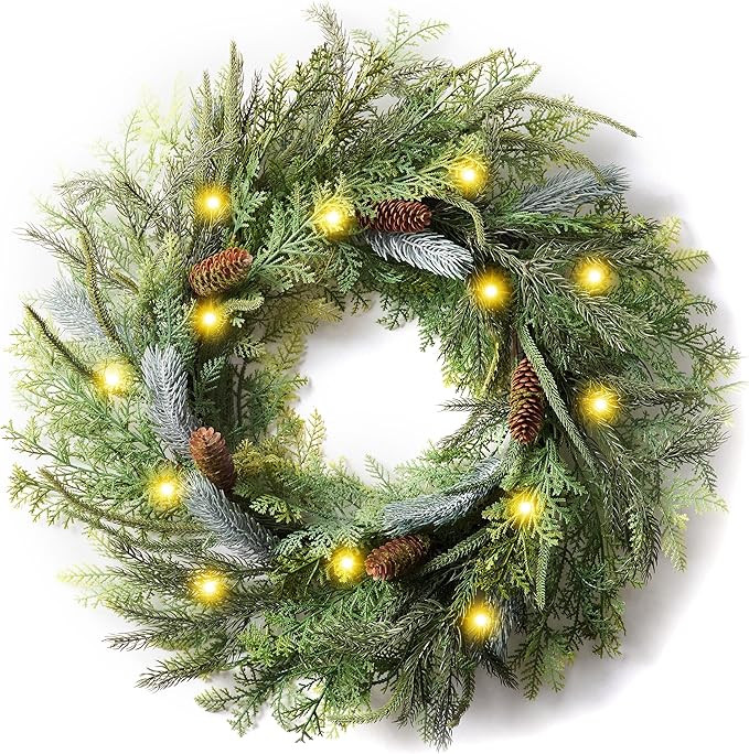 Decorbyhannah Christmas Wreath, 24 inch Prelit Collapsible Norfolk Pine Christmas Wreaths for Fro... | Amazon (US)