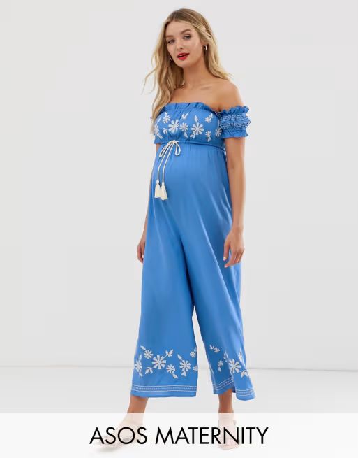 ASOS DESIGN Maternity off shoulder embroidery jumpsuit | ASOS US