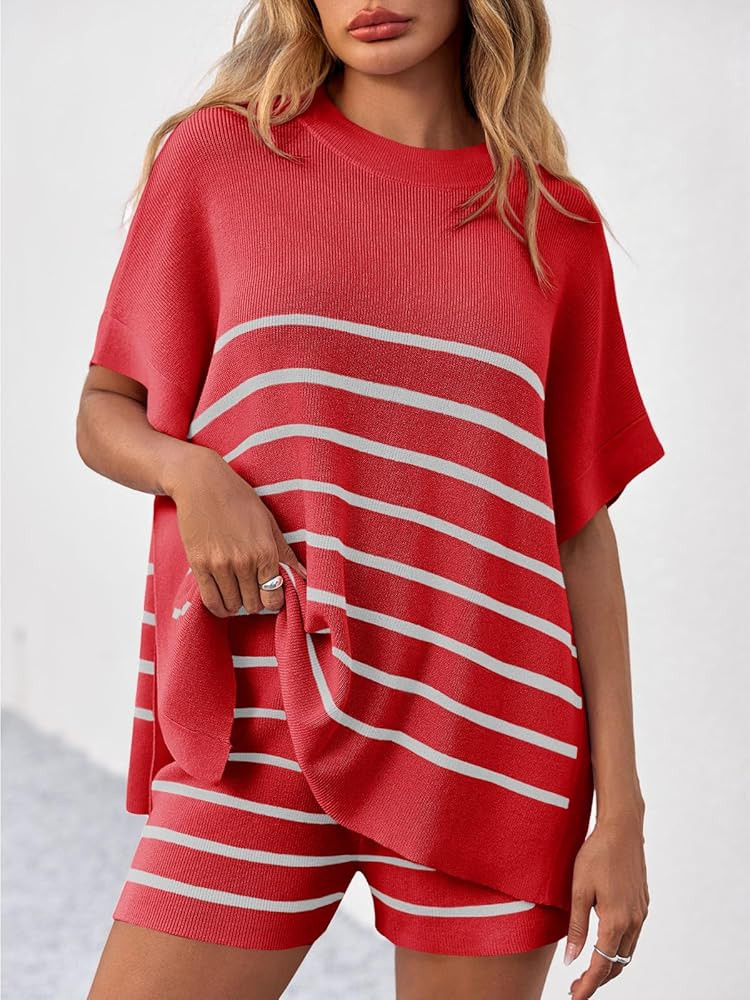 Fisoew Women's Striped 2 Piece Outfits Oversized Batwing Short Sleeve Tops High Waisted Shorts Su... | Amazon (US)
