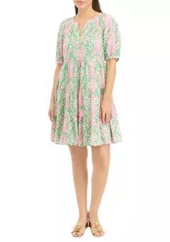 Petite Puff Sleeve Tropical Print Dress | Belk