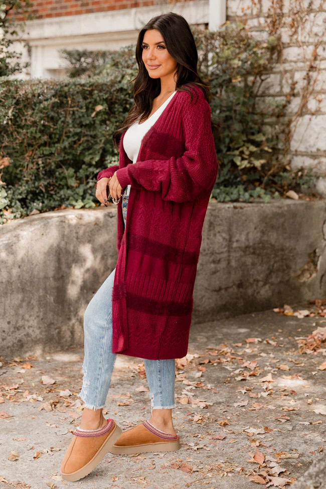 I Need You Maroon Fuzzy Textured Long Cardigan | Pink Lily