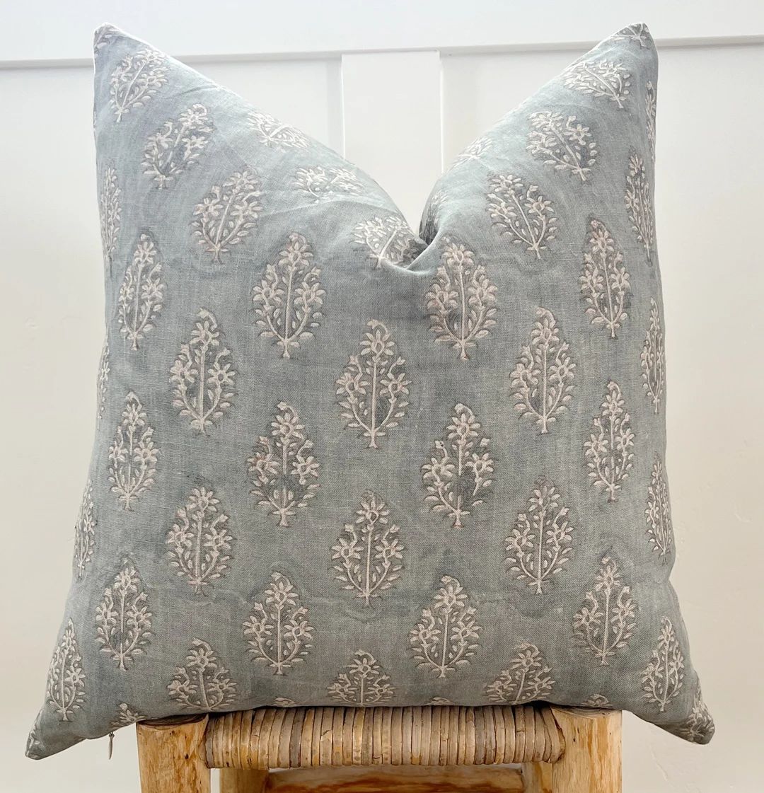 Pillow Cover “Celia” floral pillow cover grey blue linen high end pillows home decor Designer... | Etsy (US)