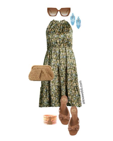 Plus Size Summer Dresses 3 - An easy casual summer outfit with a ditsy print satin halter dress in green, statement blue earrings, and a raffia clutch. Alexa Webb #plussize

#LTKover40 #LTKplussize #LTKstyletip