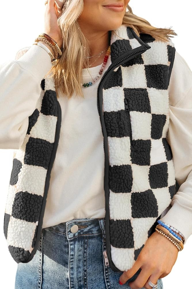 EARKOHA Womens Winter Sleeveless Fleece Top Casual Collar Khaki Checkered Sherpa Collared Jacket ... | Amazon (US)