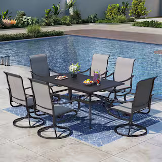 PHI VILLA Black 7-Piece Metal Rectangle Patio Outdoor Dining Set with Slat Table and Textilene Sw... | The Home Depot