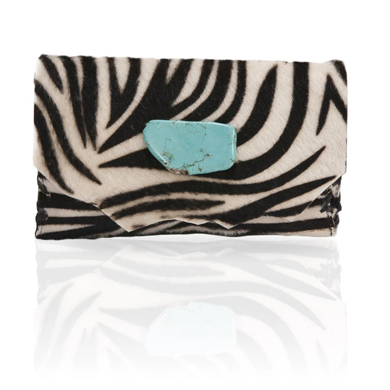 Handcrafted Calf Hair Clutch | Turquoise Stone, Zebra Print (8"W x 4.5"H) | Etsy (Global)