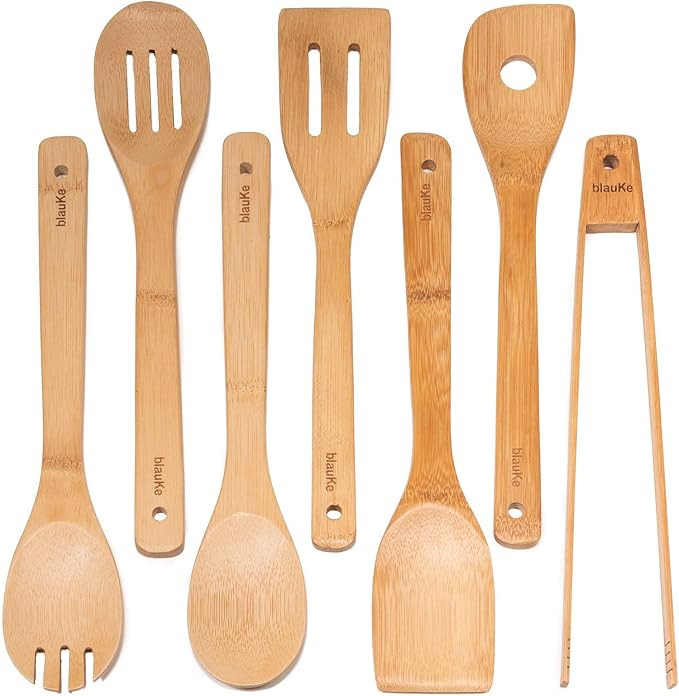 Ustensiles de Cuisine en Bois de Bambou – Set de 7 Accessoires Anti-Rayures (Cuillères, Spatul... | Amazon (FR)