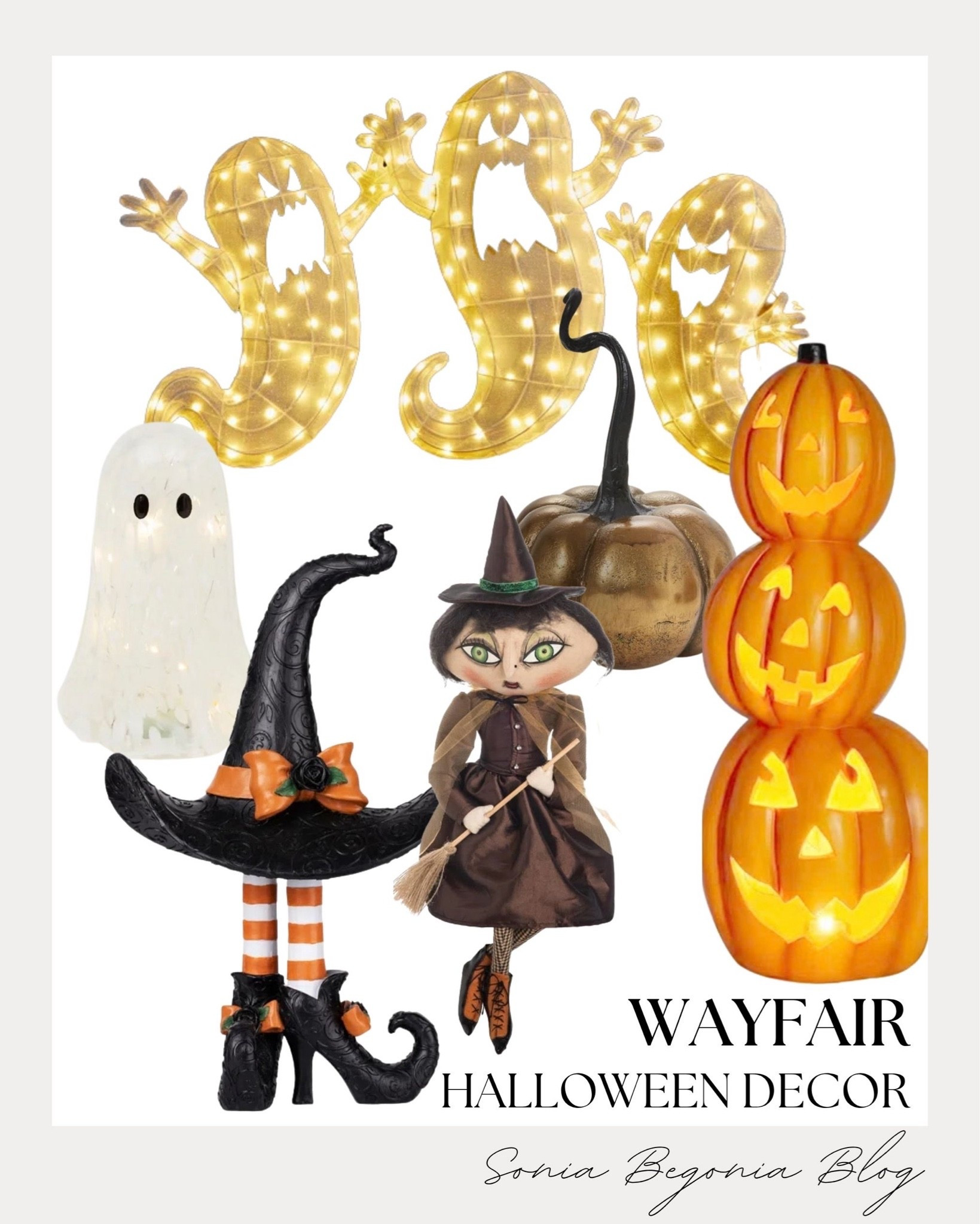 Spooky Wayfair Halloween finds! 🎃 I selected playful outdoor decor including glowing ghost light displays, a stacked jack-o'-lantern tower, and a cute witch shelf sitter.
I added a witch hat table piece, a metallic bronze pumpkin, and a glowing table ghost to complete the festive setup. 👻✨