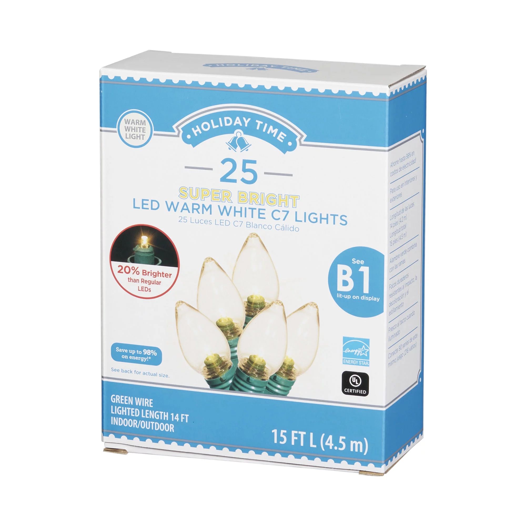 Holiday Time 15' Super Bright Incandescent-Style C7 LED Christmas Lights, Warm White, 25 Count | Walmart (US)