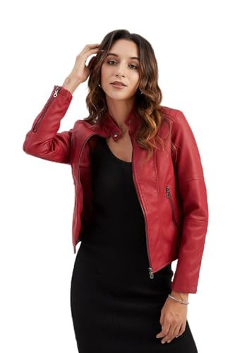 DEAR MODEL Faux Leather Jacket Women Bomber Jacket Women's Belted Motorcycle Jacket,Red,L | Amazon (US)