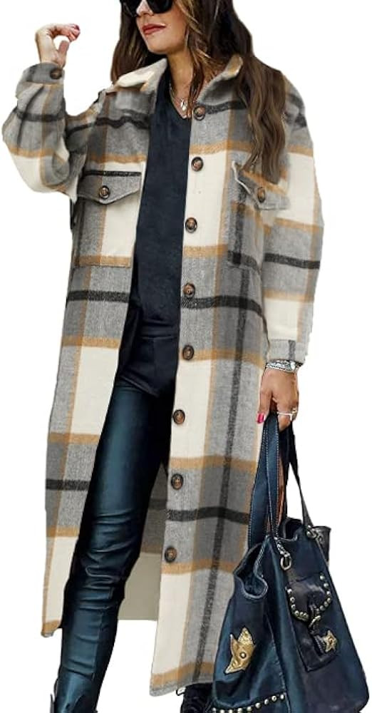 PUWEI Women's Casual Lapel Button Down Long Plaid Shirt Coat Tartan Shacket Jacket | Amazon (US)