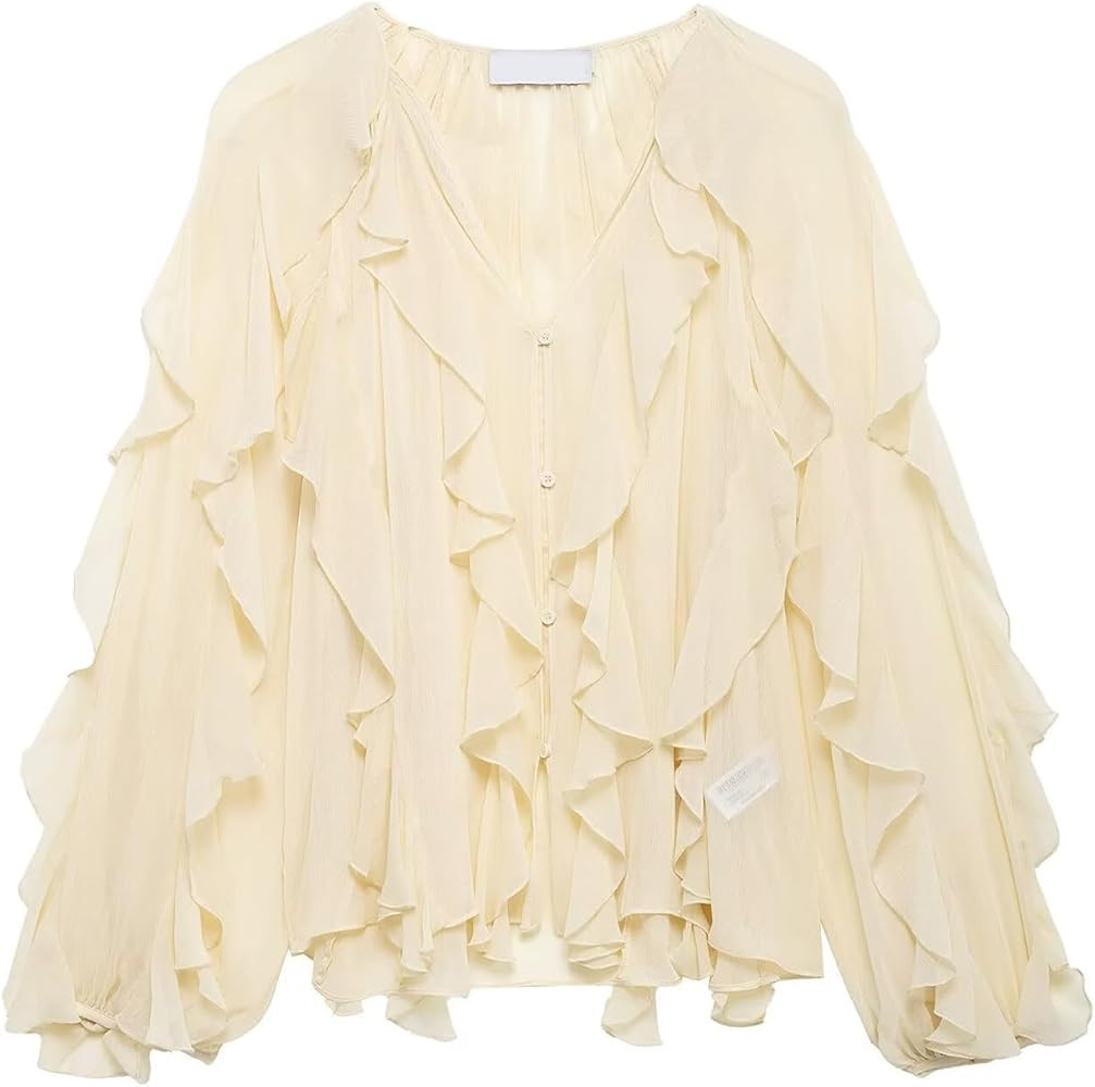 Shiyifa Womens Sheer Ruffle Blouse V Neck See Through Chiffon Ruffled Tops Summer Going Out Tops | Amazon (US)