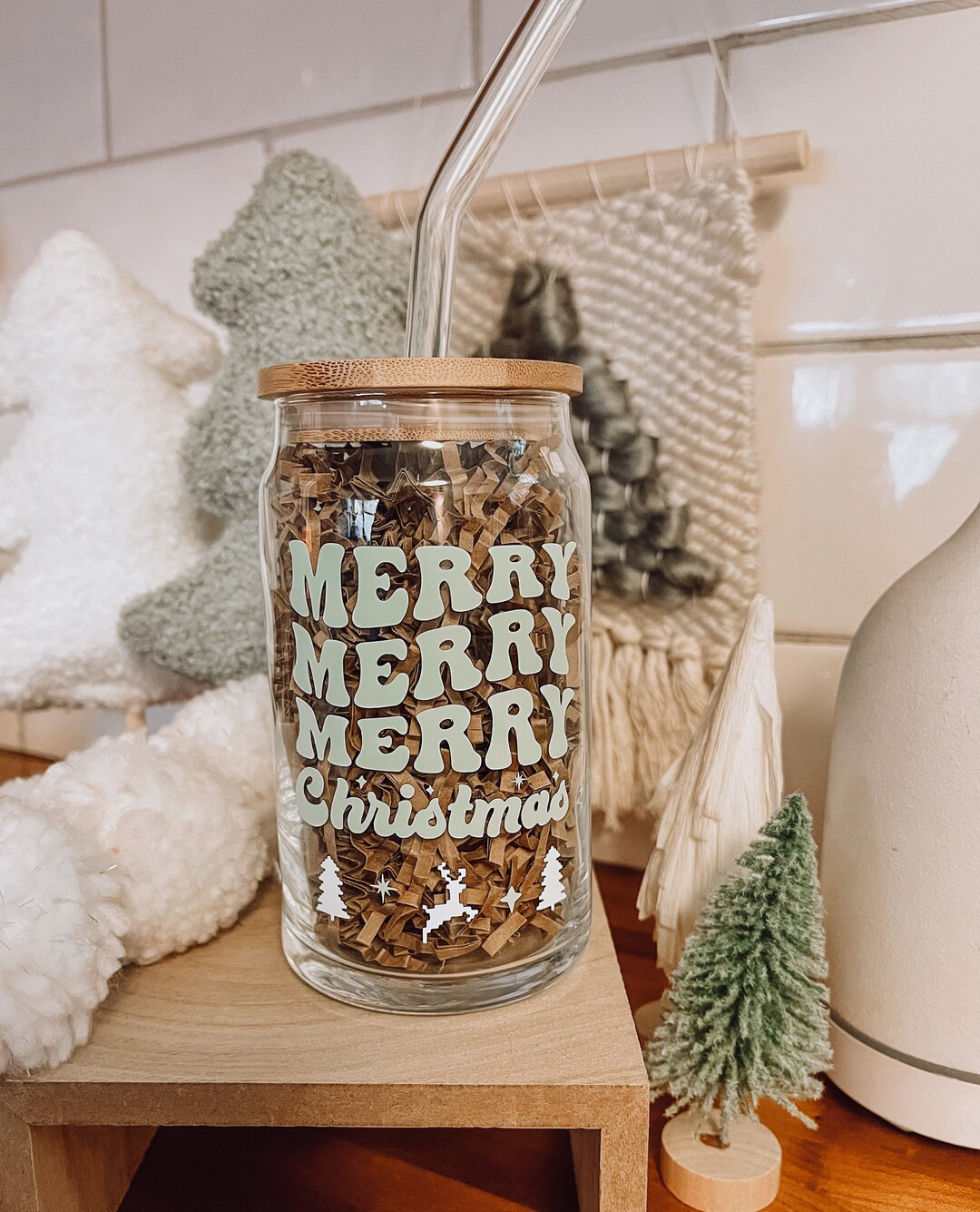 Merry Christmas Iced Coffee Glass with Bamboo Lid & Glass Straw 16 oz | Beer Can Glass, Can Glass... | Etsy (US)