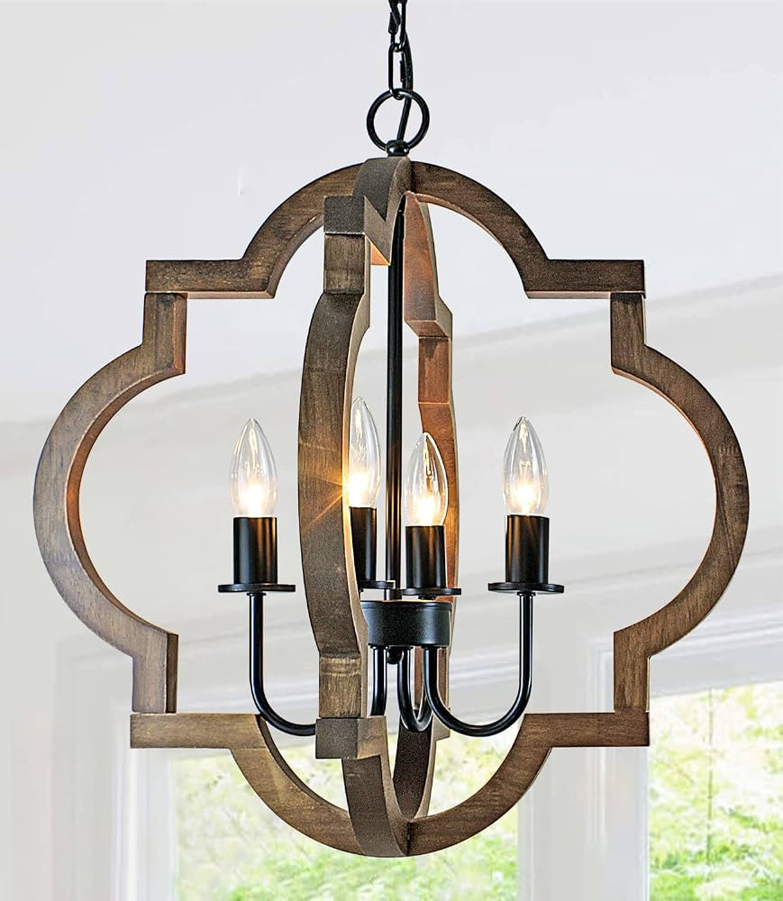 19.49'' Farmhouse Wood Chandelier, 4-Light Rustic Dining Room Light Fixture, Orb Chandelier Light... | Amazon (US)