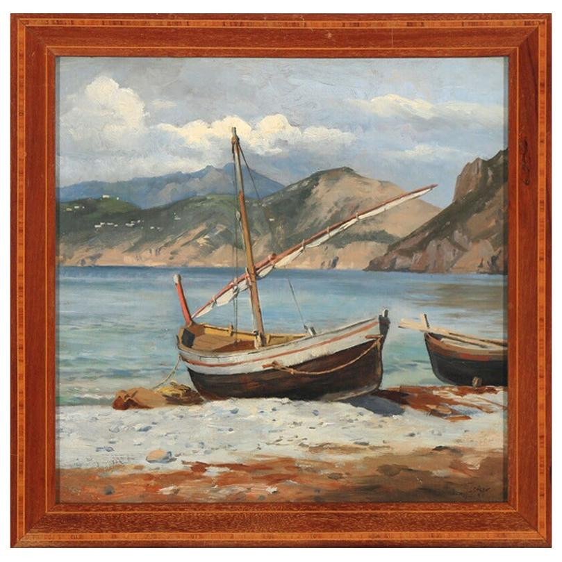 August Fischer Boats Pulled Ashore, Capri, Signed/Dated Aug. Fischer Capri 89 | 1stDibs