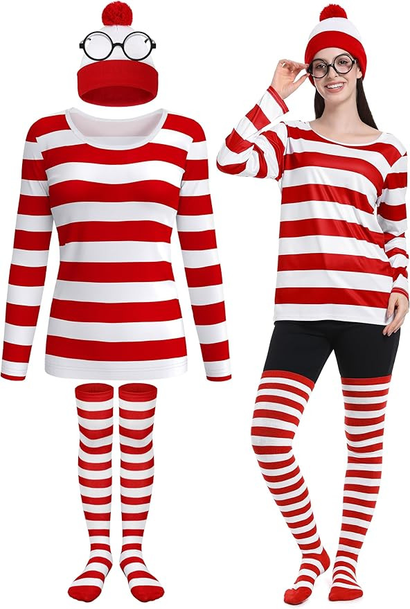 4 Pieces Adult Halloween Costume Set, Womens Costume Set Cosplay Red and White Striped Shirt Bean... | Amazon (US)
