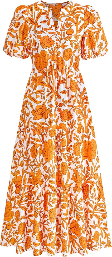 dowerme Womens Summer Dresses 2026 Casual Puff Short Sleeve V Neck Floral Boho Tiered Ruffle Maxi... | Amazon (US)