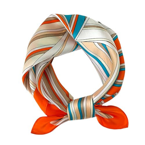 MEISEE Mulberry Silk Scarfs Women Small Square Scarf 21" x 21" Breathable Lightweight Neckerchief Headscarf (23-Orange Stripe) | Amazon (US)