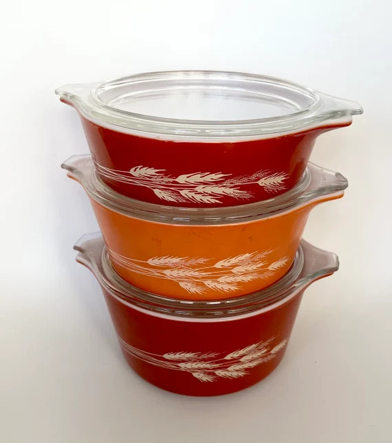Set of Pyrex Autumn Harvest Wheat Casserole Dish With 3 Lids 431 432 433 1970s | Etsy (US)