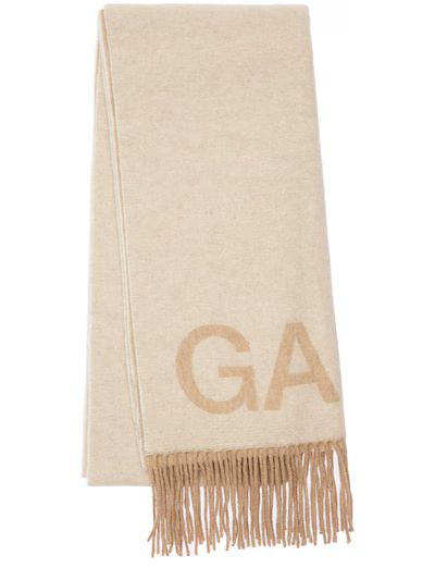 GANNI - Logo recycled wool fringed scarf - Egret | Luisaviaroma | Luisaviaroma