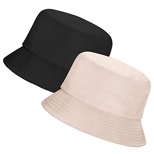 Rosoz 2 Pack Bucket Hat for Women Men Summer Travel Beach Sun Hat Outdoor Cap Unisex Bucket Hats Black/Beige | Amazon (US)