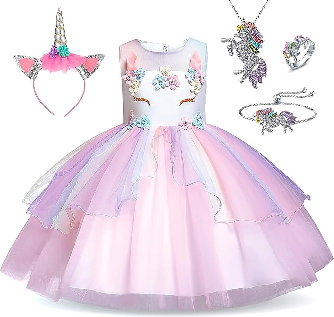 Unicorn Princess Dress Up Clothes for Little Girls – Costume, Jewelry and Headband | Amazon (US)