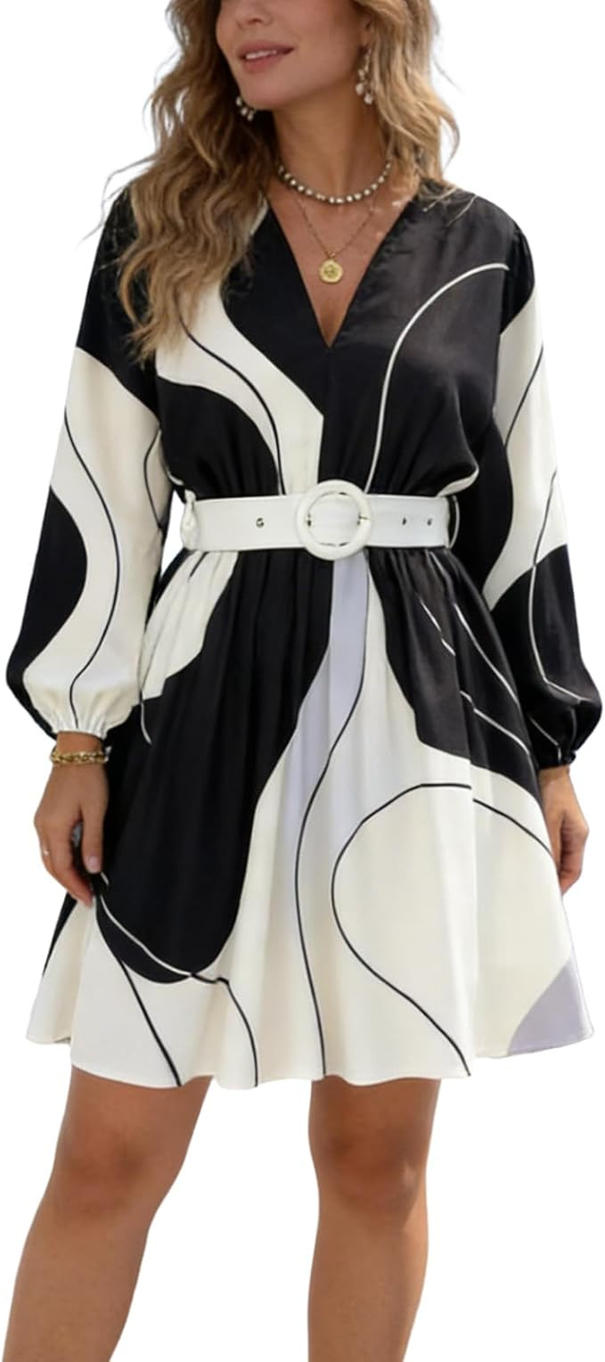 Women Boho Dresses Lantern Sleeve White Mini Dress with Belt V Neck Floral Print A-Line High Wais... | Amazon (US)