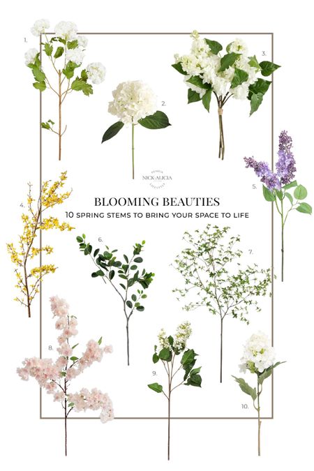 Artificial spring stems, including snowball flowers, white and purple lilacs, real-touch hydrangeas, forsythia, cherry blossom branches, Italian ficus branches and oversized leafy green branches. 



#LTKSeasonal #LTKhome