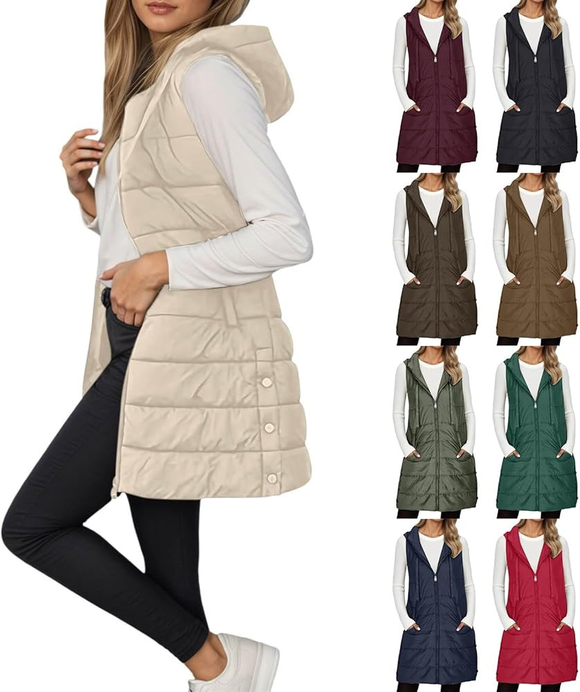 JiXiang Long Vest for Women Sleeveless Winter Warm Quilted Zipper Puffer Vest with Hood Padded Do... | Amazon (US)