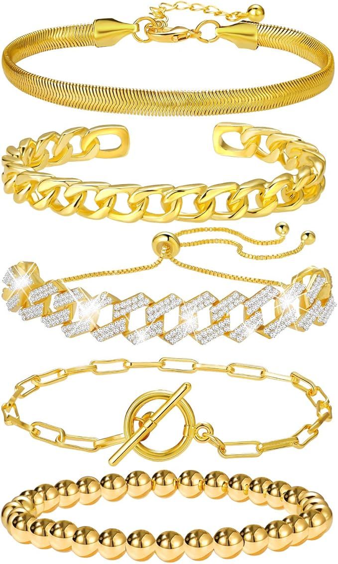 5 Pcs Gold Chain Link Bracelet For Women,14K Gold Plated Dainty Adjustable Cuban Paperclip Bead B... | Amazon (US)